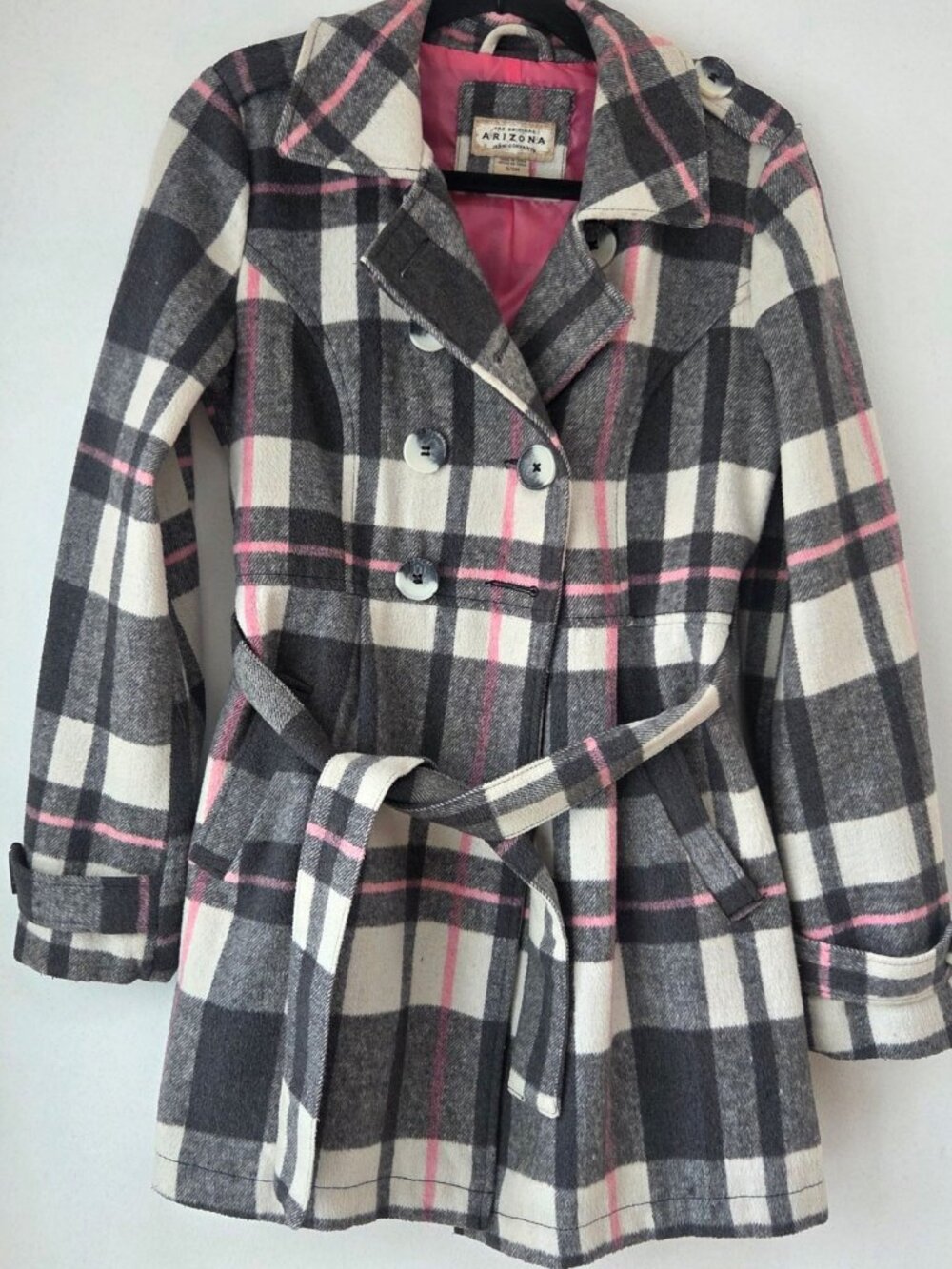 Arizona Wool Blend Pink Grey Plaid Pea Coat Winter Jacket Wool Blend Size S